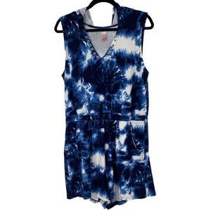 NOBO Blue Romper Hoodie Swim Cover Size XL Tie Dye Blue 2724 Shorts V-neck